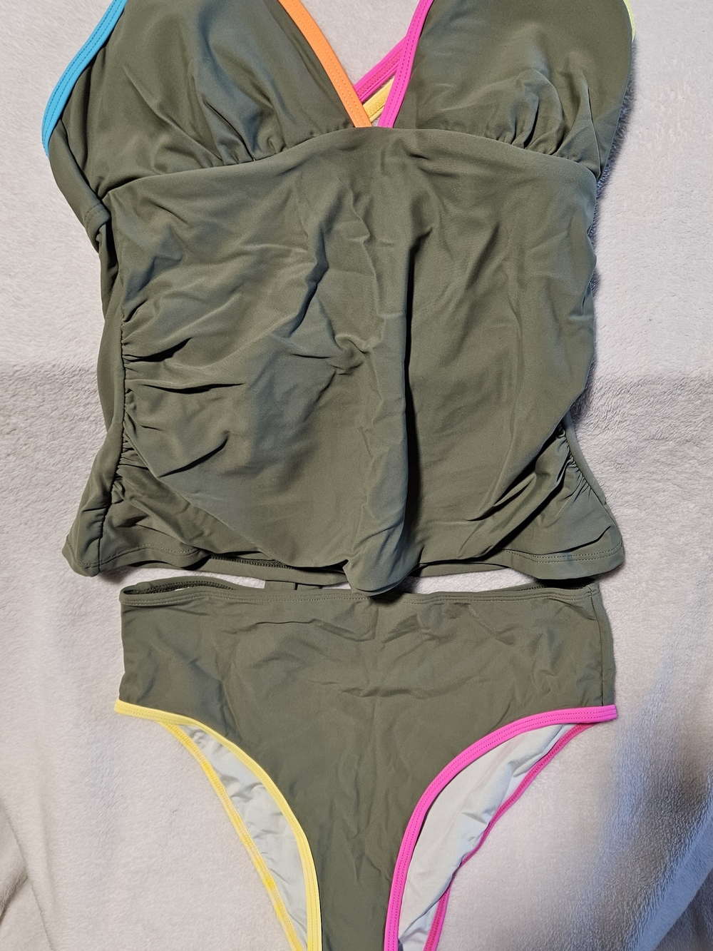 RX RXCOCO Olive Green Tank- Kini Swimsuit with Neon Trim Size SMALL